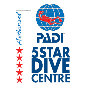 padi PADI 徽标与蓝色地球和红色潜水员剪影,旁边竖排五颗红星和“5 STAR DIVE CENTRE”字样的标志。