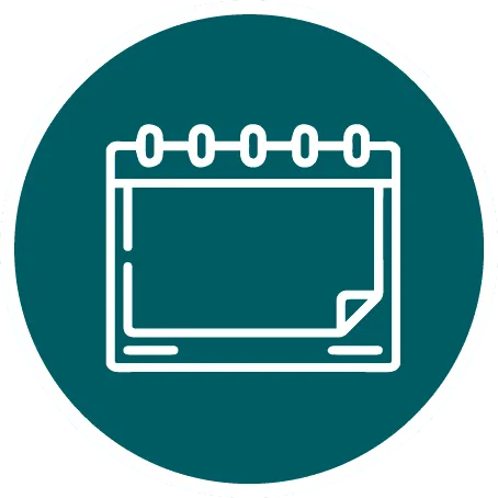 圆形图标中白色线条画的翻页日历示意图，深绿背景，适用于标注“Nusa Lembongan”活动或日期安排。